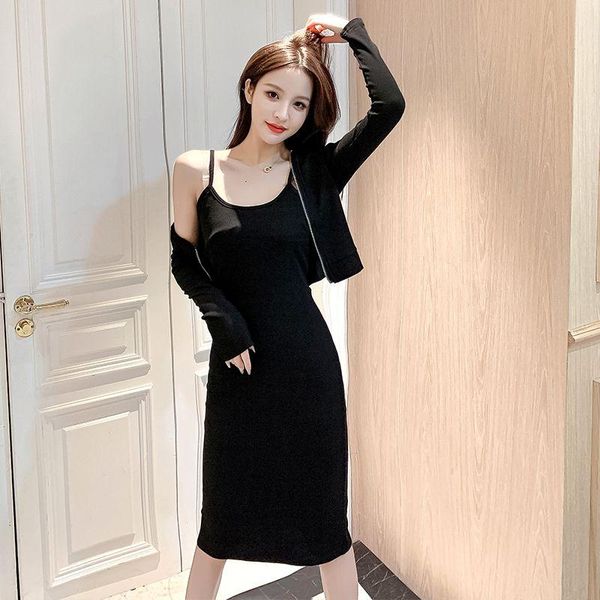 women's polos 2021 spring and autumn clothing dungaree fashion two-piece elegant slim fit mid-length dress suit, White