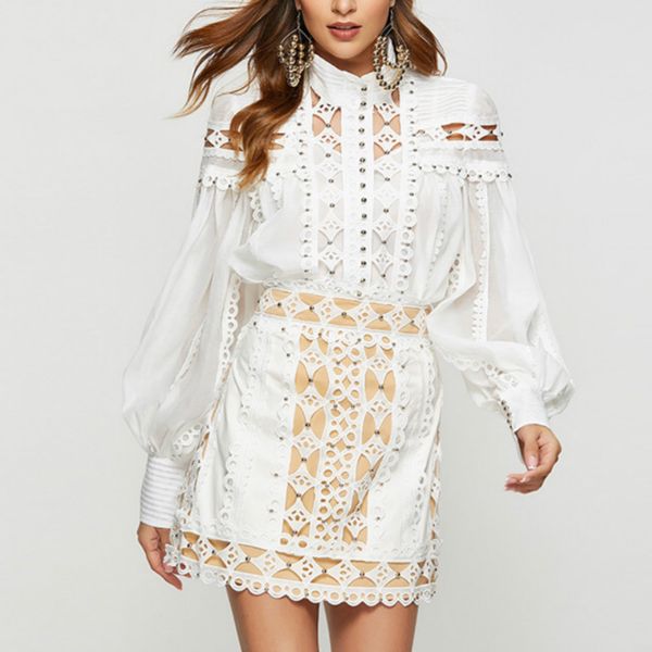 design high street womens lace hollow out blouses luxury rivets designer stand collar lantern sleeves shirts female party, White
design high street womens lace hollow out blouses luxury rivets designer stand collar lantern sleeves shirts female party, White