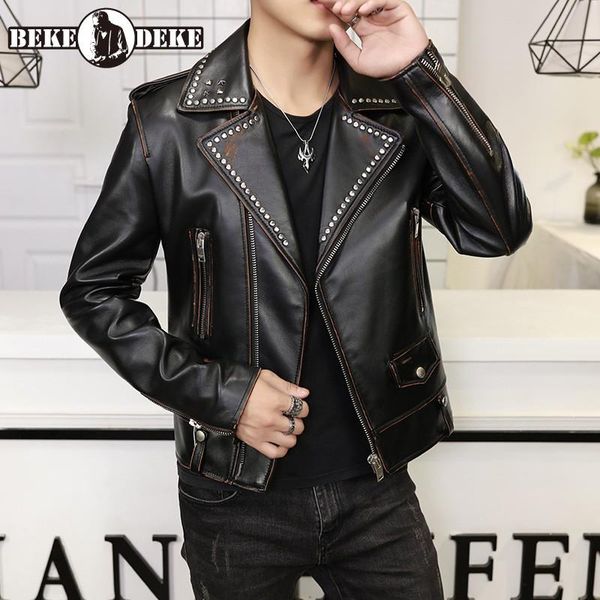 men's leather & faux vintage real jacket men punk metal rivets lapel sheepskin short coat designer street zipper biker, Black
men's leather & faux vintage real jacket men punk metal rivets lapel sheepskin short coat designer street zipper biker, Black