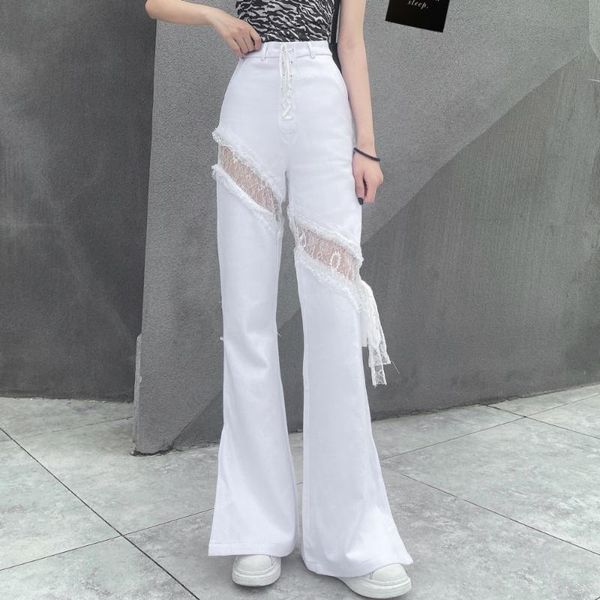 women's jeans vintage hollow out pockets white harajuku korean stitching lace cut bandage flared pants, Blue
women's jeans vintage hollow out pockets white harajuku korean stitching lace cut bandage flared pants, Blue