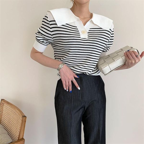 women's sweaters hzirip 2021 vintage loose striped all match thin office lady work pullover short sleeve slim knitted, White;black
women's sweaters hzirip 2021 vintage loose striped all match thin office lady work pullover short sleeve slim knitted, White;black