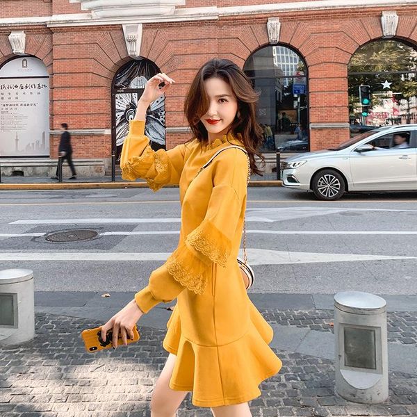 casual dresses fleece ruffled long-sleeved lace dress for women autumn winter yellow fashion female party trend vestidos, Black;gray
casual dresses fleece ruffled long-sleeved lace dress for women autumn winter yellow fashion female party trend vestidos, Black;gray