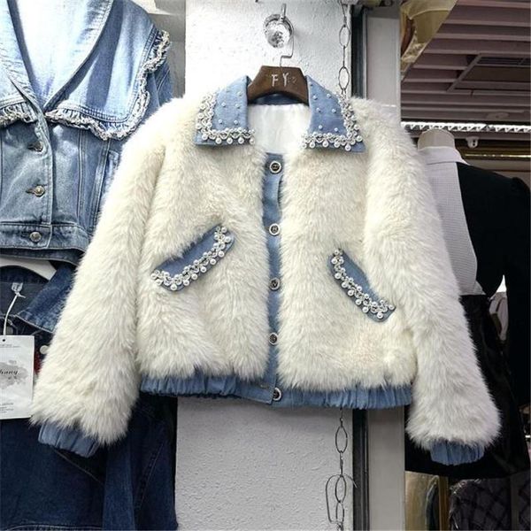 women's jackets winter 2021 fashion pearl beaded faux fur patchwork denim coat women parkas loose casual vintage female warm short jean, Black;brown
women's jackets winter 2021 fashion pearl beaded faux fur patchwork denim coat women parkas loose casual vintage female warm short jean, Black;brown