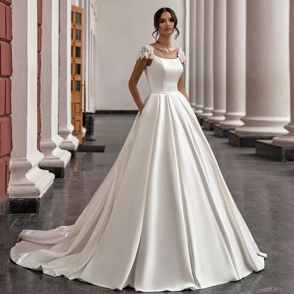 new style gorgeous satin wedding dress cap sleeve scoop neck flowers court train a line bridal gown, White
new style gorgeous satin wedding dress cap sleeve scoop neck flowers court train a line bridal gown, White