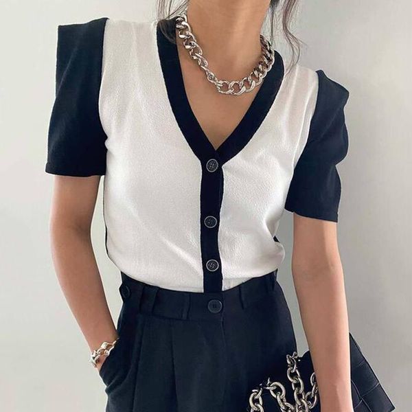 women's t-shirt zcsmll korean chic summer knitted women v-neck hit color design casual single-breasted puff sleeve sweater top, White
women's t-shirt zcsmll korean chic summer knitted women v-neck hit color design casual single-breasted puff sleeve sweater top, White