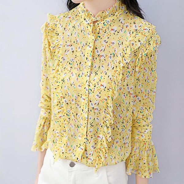 women silk ruffles blouse yellow single breasted flare sleeve floral print fresh female, White
women silk ruffles blouse yellow single breasted flare sleeve floral print fresh female, White