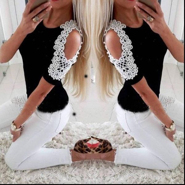 2018 new style fashion women ladies summer cotton beading short sleeve casual hollow out lace patchwork blouse, White 
2018 new style fashion women ladies summer cotton beading short sleeve casual hollow out lace patchwork blouse, White