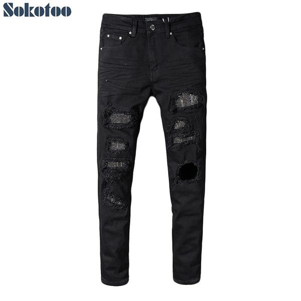 men's jeans sokotoo slim skinny crystal rhinestone patchwork ripped fashion patch black stretch denim pants, Blue
men's jeans sokotoo slim skinny crystal rhinestone patchwork ripped fashion patch black stretch denim pants, Blue