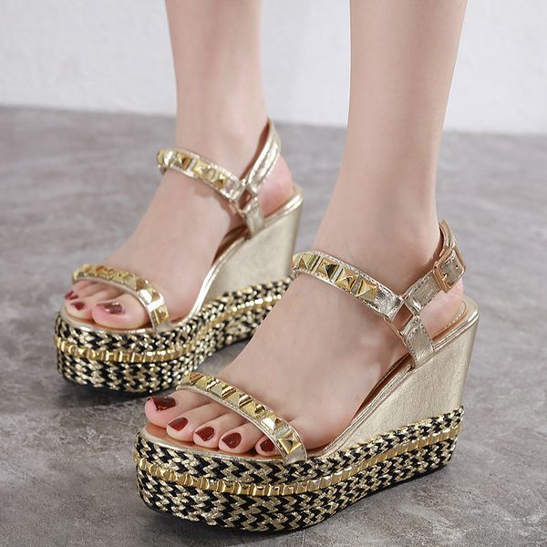 women's new summer sandals all-match wedges with straw rivets platform platform super high heel open toe platform sandals, Black
women's new summer sandals all-match wedges with straw rivets platform platform super high heel open toe platform sandals, Black