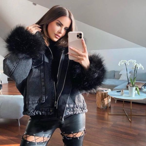 women's fur & faux 2021 denim parka winter jacket women real collar cuffs coat natural lining warm outerwear streetwear removable, Black
women's fur & faux 2021 denim parka winter jacket women real collar cuffs coat natural lining warm outerwear streetwear removable, Black