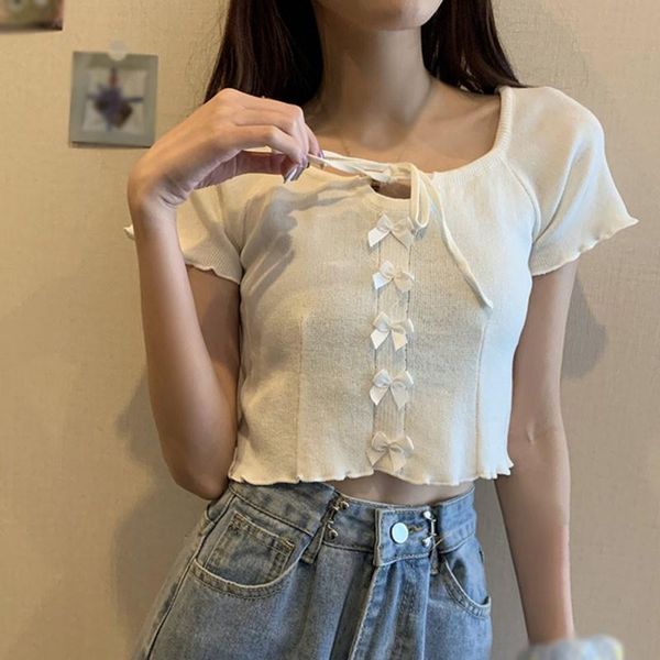 women's t-shirt knit t shirt tie lace-up bow design crop casual wild square collar short-sleeved, White
women's t-shirt knit t shirt tie lace-up bow design crop casual wild square collar short-sleeved, White
