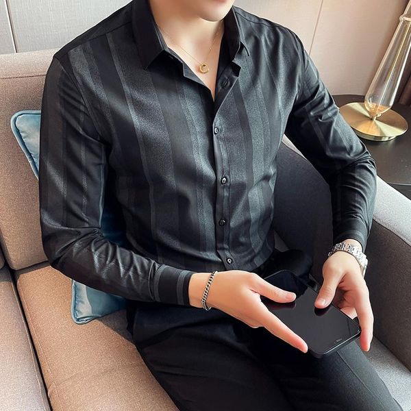 men's casual shirts 2021 british style striped for men long sleeve slim formal dress shirt all-match streetwear social male clothing, White;black
men's casual shirts 2021 british style striped for men long sleeve slim formal dress shirt all-match streetwear social male clothing, White;black