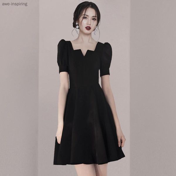 casual dresses 2021 summer dress black little female fashion elegant personality slim waist retro temperament was thin solid color, Black;gray 
casual dresses 2021 summer dress black little female fashion elegant personality slim waist retro temperament was thin solid color, Black;gray