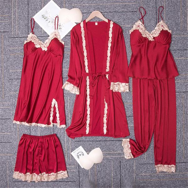 women's sleepwear five-piece satin pajamas women spring and autumn trousers robe suspenders nightdress with chest pad bathrobes home se, Black;red
women's sleepwear five-piece satin pajamas women spring and autumn trousers robe suspenders nightdress with chest pad bathrobes home se, Black;red