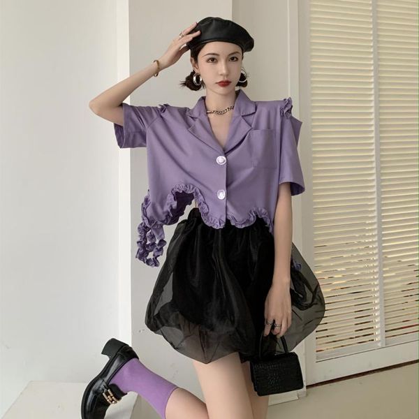 women's suits & blazers korobov 2021 harajuku ruffles hole women coats vintage streetwear turn-down collar short sleeve coat purple jac, White;black
women's suits & blazers korobov 2021 harajuku ruffles hole women coats vintage streetwear turn-down collar short sleeve coat purple jac, White;black