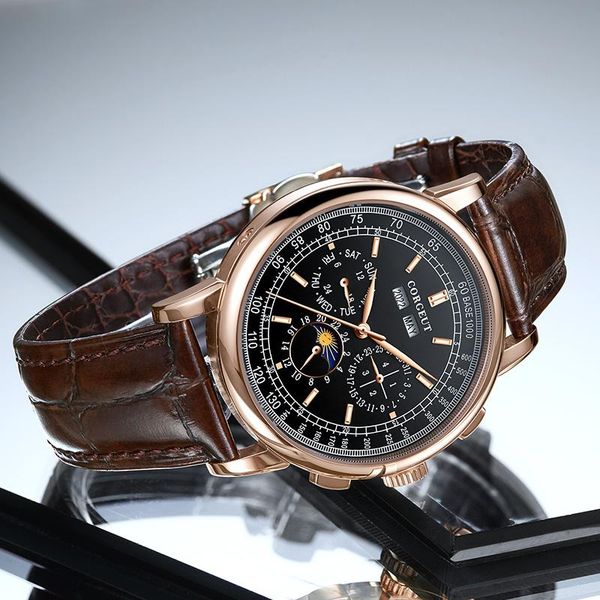 wristwatches corgeut brand men's 42mm mechanical watch rose gold black dial moon phase 316l stainless steel case automatic 2057, Slivery;brown
wristwatches corgeut brand men's 42mm mechanical watch rose gold black dial moon phase 316l stainless steel case automatic 2057, Slivery;brown