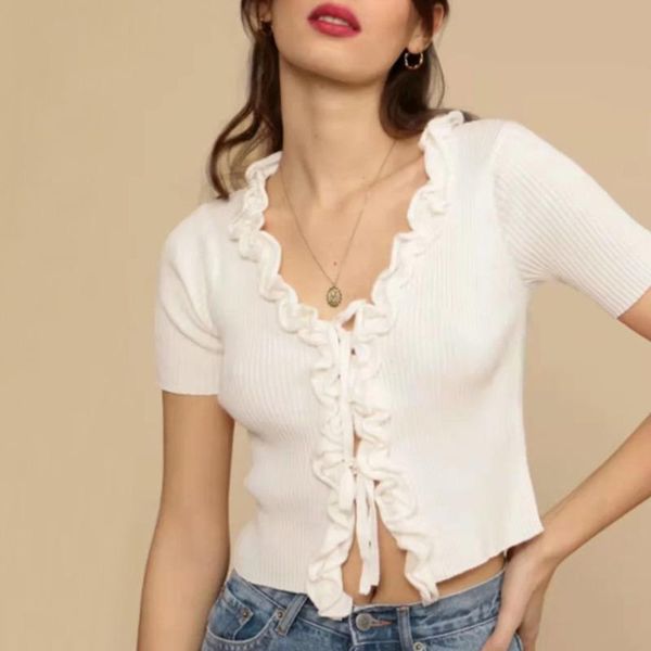 women's knits & tees women elegant front tie short sleeve knitted cardigan with frill trim detail s853, White
women's knits & tees women elegant front tie short sleeve knitted cardigan with frill trim detail s853, White