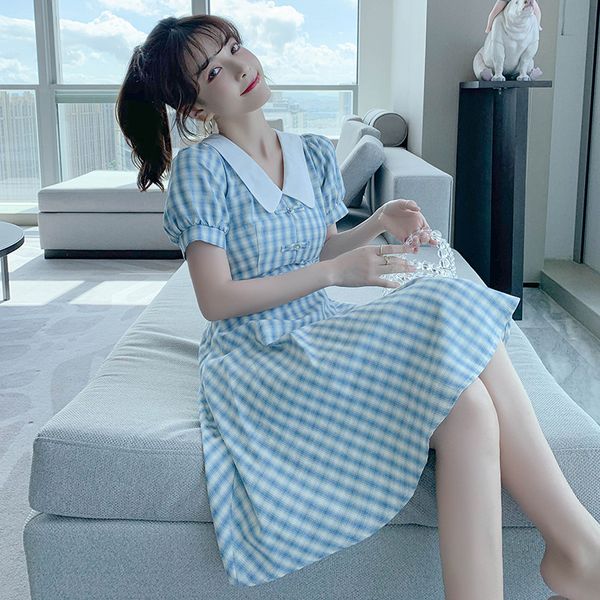 plaid woman dress blue short puff sleeve casual clothing 2021 summer korean style fashion high waisted turn-down collar, Black;gray
plaid woman dress blue short puff sleeve casual clothing 2021 summer korean style fashion high waisted turn-down collar, Black;gray
