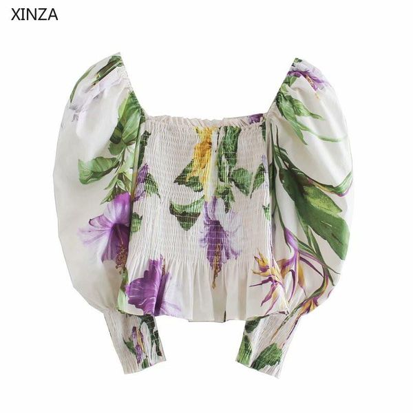 women floral print straight neck long balloon sleeve fashion blouse smocked elastic ruffle hem elegant woman summer shirt, White
women floral print straight neck long balloon sleeve fashion blouse smocked elastic ruffle hem elegant woman summer shirt, White