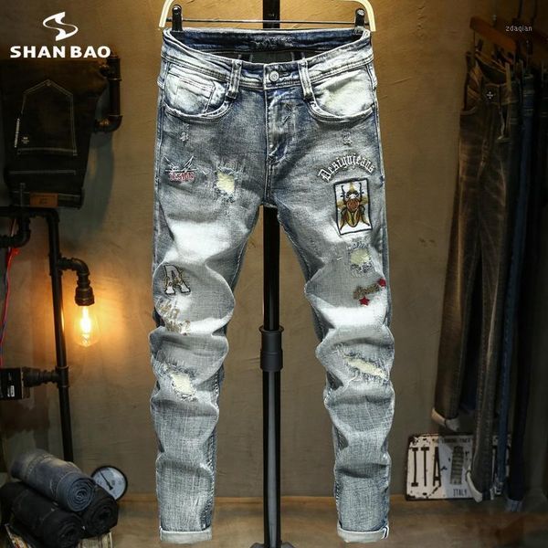 men's jeans shan bao 2021 autumn classic embroidery hole trend brand young fashion slim casual denim, Blue
men's jeans shan bao 2021 autumn classic embroidery hole trend brand young fashion slim casual denim, Blue
