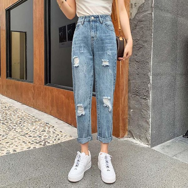 women's jeans tongsihai women high waist loose straight ripped ladies girls students light blue cotton denim trousers 
women's jeans tongsihai women high waist loose straight ripped ladies girls students light blue cotton denim trousers