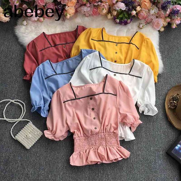 summer korean square collar puff sleeve shirt hit color patchwork pleated waist single breasted short shirt 210715, White
summer korean square collar puff sleeve shirt hit color patchwork pleated waist single breasted short shirt 210715, White