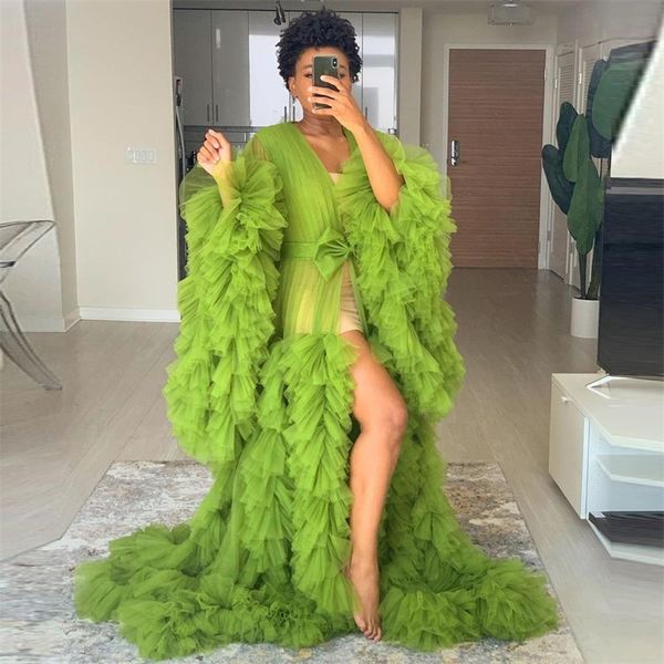 puffy bride sleepwear robes with belt soft tiered tulle v neck long sleeve custom made women sleepwear pajamas dresses, White 
puffy bride sleepwear robes with belt soft tiered tulle v neck long sleeve custom made women sleepwear pajamas dresses, White