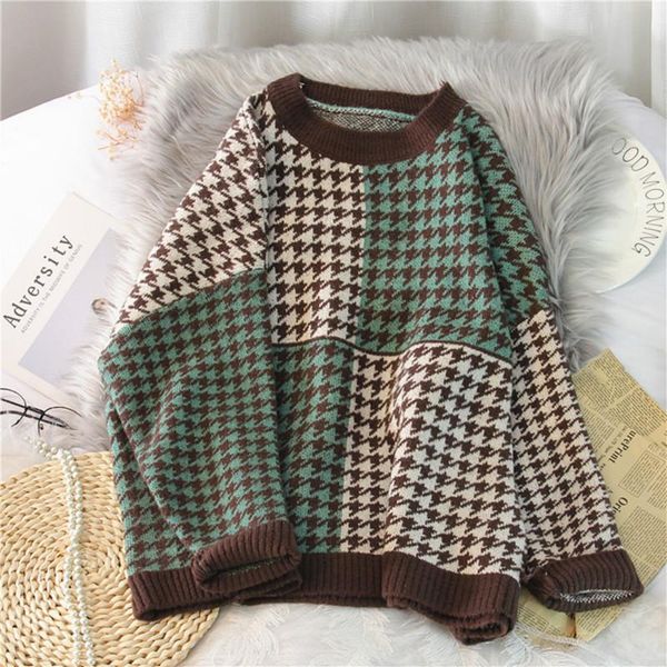 women's sweaters 2021 winter fashion houndstooth patchwork sweater long sleeve o-neck pullovers casual loose korean thick warm women cl, White;black
women's sweaters 2021 winter fashion houndstooth patchwork sweater long sleeve o-neck pullovers casual loose korean thick warm women cl, White;black