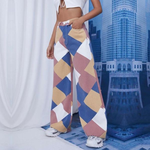 women's jeans est color plaid printed high waist straight leg pants casual stylish chic street wear wild leisure denim trousers, Blue
women's jeans est color plaid printed high waist straight leg pants casual stylish chic street wear wild leisure denim trousers, Blue