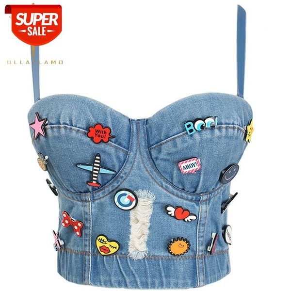 blue denim sling stitching ladies camisoles sleeveless backless hollow crop cartoon medal nightclub female tank #jz73, White 
blue denim sling stitching ladies camisoles sleeveless backless hollow crop cartoon medal nightclub female tank #jz73, White