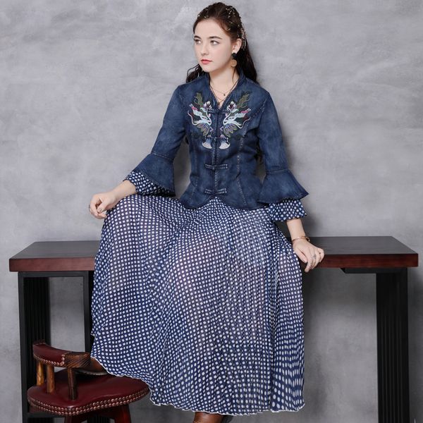 women's clothing three quarters retro-embroidered denim jacket + polka dots dress of tb9292 pieces jx7i, Black
women's clothing three quarters retro-embroidered denim jacket + polka dots dress of tb9292 pieces jx7i, Black