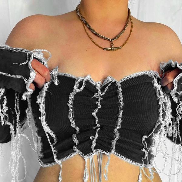 women's t-shirt dsmtrc women off the shoulder patchwork t shirt long sleeve crop streetwear black tassel tee 2021, White
women's t-shirt dsmtrc women off the shoulder patchwork t shirt long sleeve crop streetwear black tassel tee 2021, White