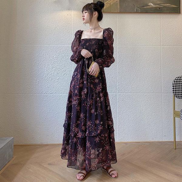 women's floral dress new retro french chiffon long dress korean style long sleeve square collar summer beach bohemian vestidos, Black;gray
women's floral dress new retro french chiffon long dress korean style long sleeve square collar summer beach bohemian vestidos, Black;gray