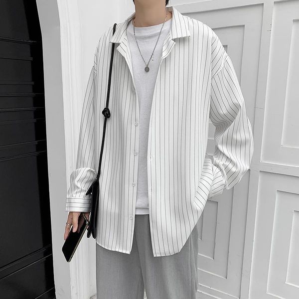 men's casual shirts summer striped shirt men korean fashion loose business formal harajuku streetwear long sleeve, White;black
men's casual shirts summer striped shirt men korean fashion loose business formal harajuku streetwear long sleeve, White;black