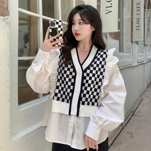 women's blouses & shirts french long-sleeve plaid shirt female spring and autumn fashion temperament v collar false two knits blouse, White
women's blouses & shirts french long-sleeve plaid shirt female spring and autumn fashion temperament v collar false two knits blouse, White