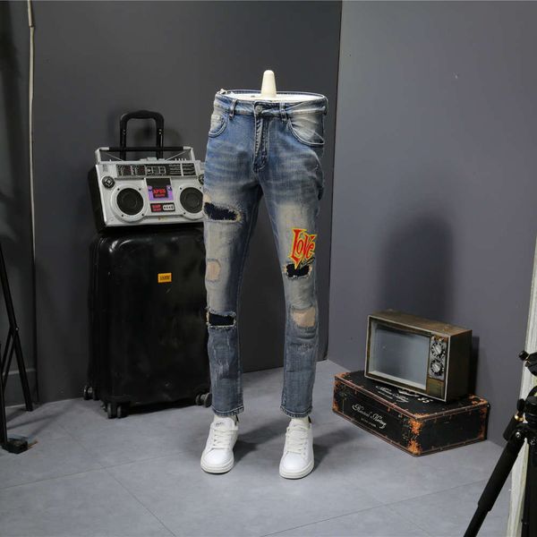 hole patch beggar's personalized jeans men's fashion brand stretch slim fitting long pantswinter, Blue
hole patch beggar's personalized jeans men's fashion brand stretch slim fitting long pantswinter, Blue