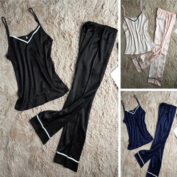 women silk pajamas set sleepwear sling v-neck sleeveless and long pants sets, Black;red
women silk pajamas set sleepwear sling v-neck sleeveless and long pants sets, Black;red