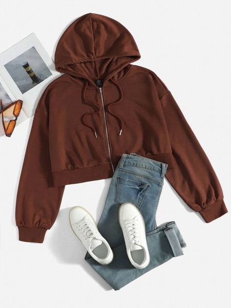 plus zip up drawstring hoodie 67tt#, Black