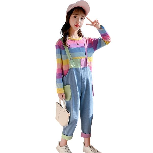 kids clothes girls rainbow striped teenage clothing tshirt + jumpsuit girl set spring children's 210528, White
kids clothes girls rainbow striped teenage clothing tshirt + jumpsuit girl set spring children's 210528, White