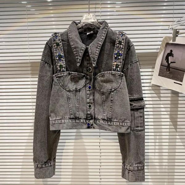 women's jackets 2021 fall winter beaded diamond retro fake two-piece short denim jacket design full sleeves waist, Black;brown
women's jackets 2021 fall winter beaded diamond retro fake two-piece short denim jacket design full sleeves waist, Black;brown