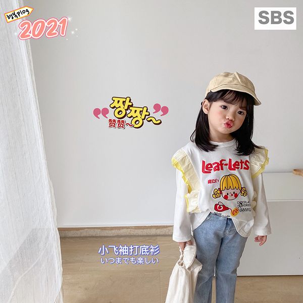 shirt spring korean base girls' print 2021 cartoon small fly sleeve t-shirt, Black;white 
shirt spring korean base girls' print 2021 cartoon small fly sleeve t-shirt, Black;white