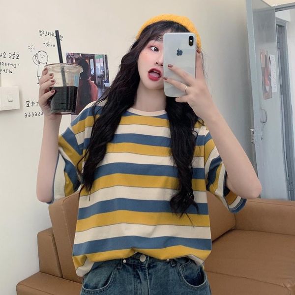 women's t-shirt loose stripe korean style ins short sleeve casual o-neck pullover tee harajuku student kawaii, White
women's t-shirt loose stripe korean style ins short sleeve casual o-neck pullover tee harajuku student kawaii, White