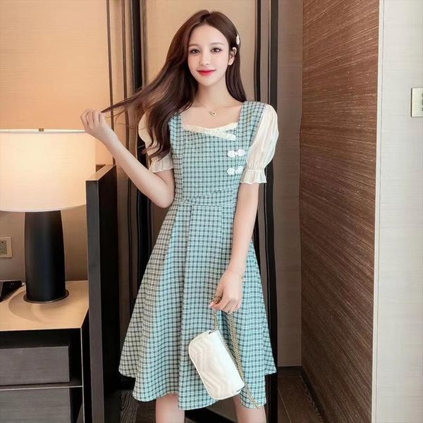 cheongsam lattice pattern short sleeve womens dress summer elegant chiffon square collar ruffles bubble, Black;gray
cheongsam lattice pattern short sleeve womens dress summer elegant chiffon square collar ruffles bubble, Black;gray