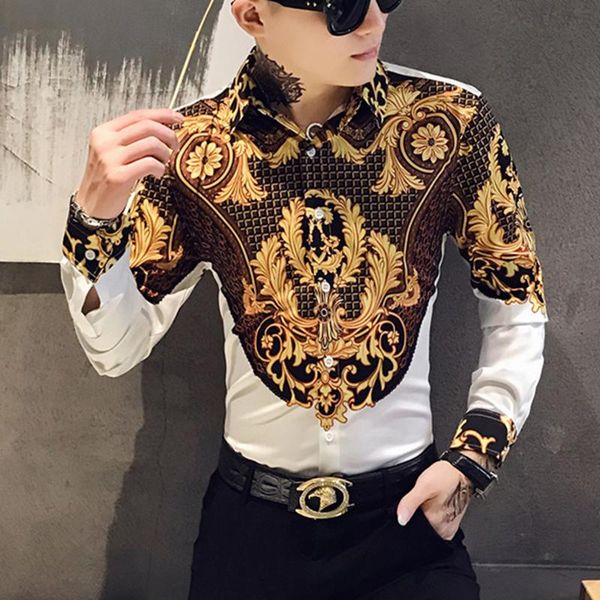 men's casual shirts streetwear men clothes camisa homem hawaiian shirt gold printing man long sleeve flower masculina, White;black
men's casual shirts streetwear men clothes camisa homem hawaiian shirt gold printing man long sleeve flower masculina, White;black