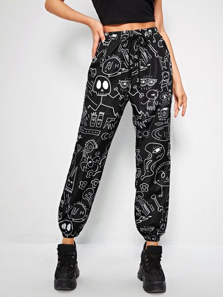 allover cartoon graphic wind pants d69l#, Black;white