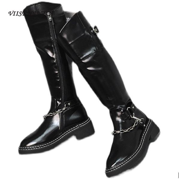 boots round toe thick heel metal chain side zipper women's solid color belt buckle increased long barrel knight, Black
boots round toe thick heel metal chain side zipper women's solid color belt buckle increased long barrel knight, Black