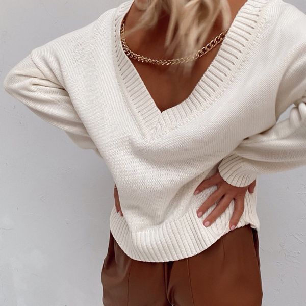 autumn winter backless v-neck chain knitted sweaters for women long sleeve pullovers female sweater plus size, White
