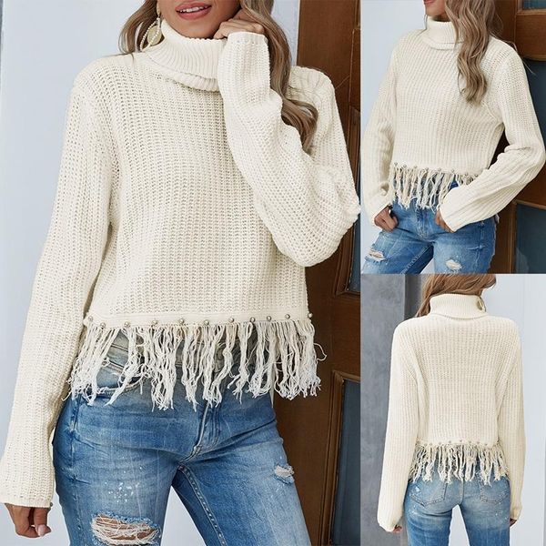 women's sweaters turtleneck beaded short knit sweater with fringed white knitted women, White;black
women's sweaters turtleneck beaded short knit sweater with fringed white knitted women, White;black