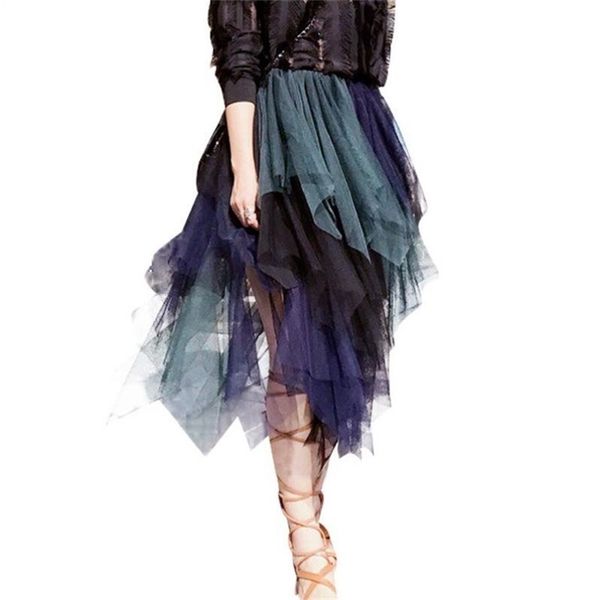 spring and summer color gauze multilayer irregular elastic waist skirt in all-match 210527, Black
