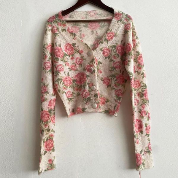 women's knits & tees rose print ladies knitted cardigan sweater long sleeve v-neck women short autumn winter, White
women's knits & tees rose print ladies knitted cardigan sweater long sleeve v-neck women short autumn winter, White